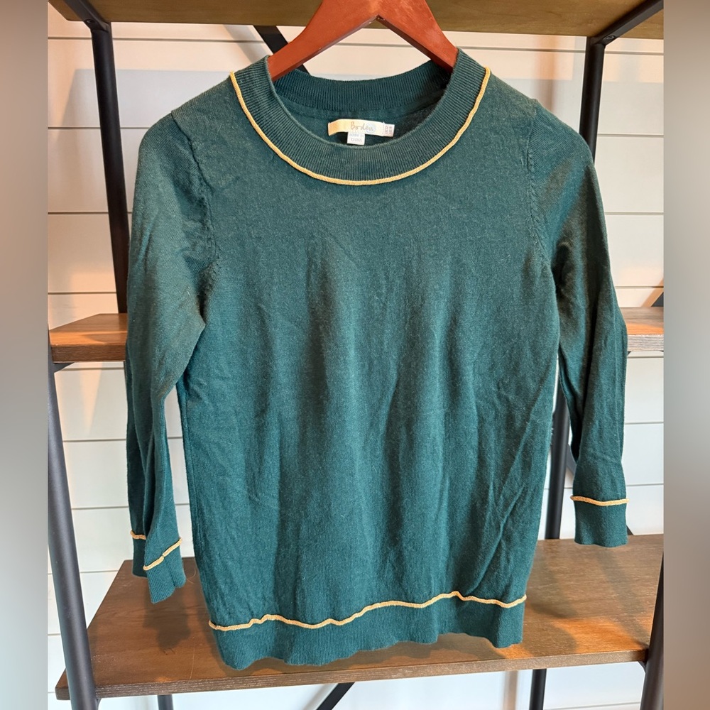 Gorgeous Boden Petronella Green wool Sweater with gold thread trim EUC